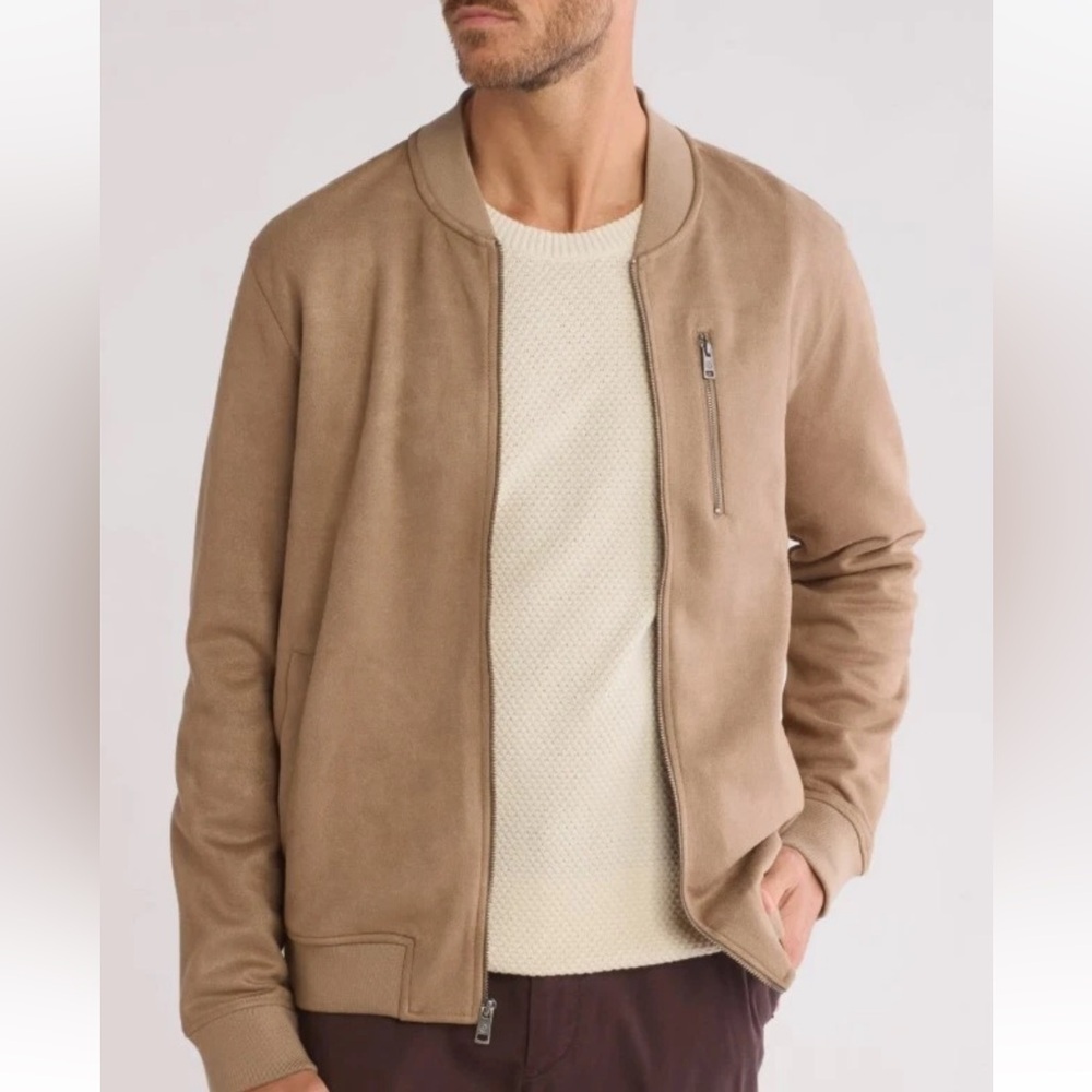 Ben Sherman Beige Faux Suede Utility Bomber Jacket Men Medium Minimalist Casual